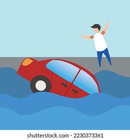 vector insurance concept about accident red car fall to river or flood. man driver have stand for help, insurance company use for banner if insurance accident car insure online business illustration.