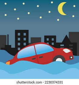 Vector insurance concept about accident red car have fall to river or flood at night , insurance company use banner insurance banner sale. Illustration accident car insure online shooping business.