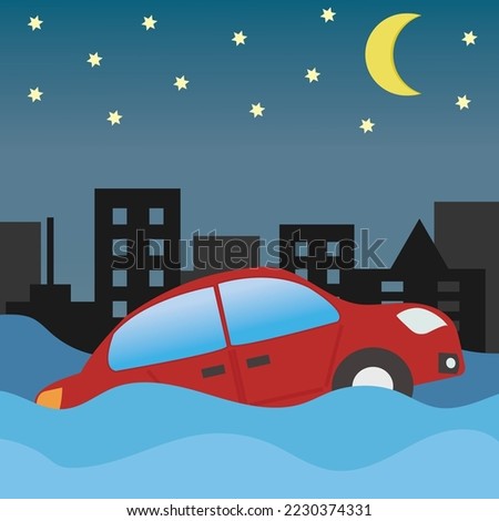 Vector insurance concept about accident red car have fall to river or flood at night , insurance company use banner insurance banner sale. Illustration accident car insure online shooping business.