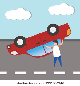 Vector of insurance concept accident red car have fall overturned at road, insurance company can use it for banner if insurance indetail accident car insure online sale shooping business illustration.