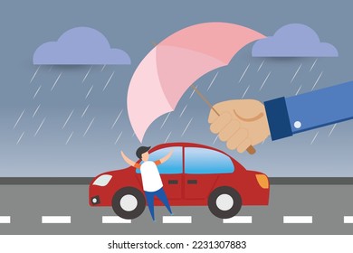 Vector insurance concept accident red car and hand holding umbrella from rain strom at road , insurance company use banner if insurance indetail accident car insure online sale shooping illustration.