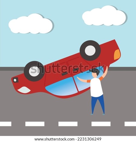 Vector of insurance concept accident red car have fall overturned at road, insurance company can use it for banner if insurance indetail accident car insure online sale shooping business illustration.