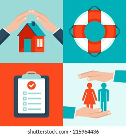 Vector insurance concepts in flat style - icons and infographic design elements - protect and safe health and  property