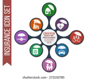 Vector insurance icons. Set of 8 vector insurance icons. Infographic illustration in form of metaball.