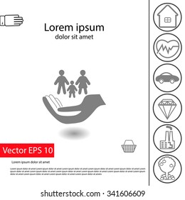 Vector insurance icons set: big family insurance icon and smaller: home insurance, auto insurance, life insurance, insurance luxury items, insurance in agriculture, business risk insurance
