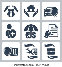 Vector Insurance Icons Set - Family, Home, Auto, Life, Deposit, Policy, Goods, Travel And Business