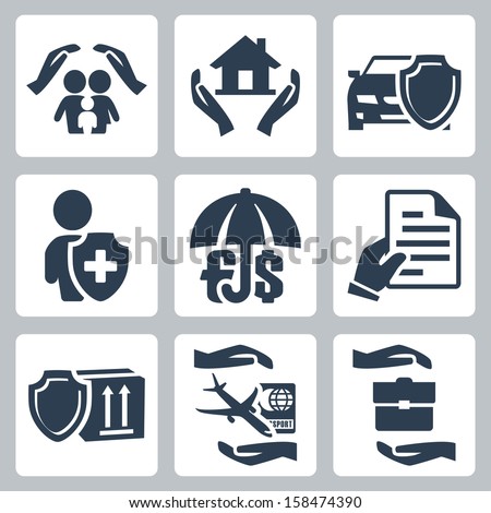 Vector insurance icons set - family, home, auto, life, deposit, policy, goods, travel and business