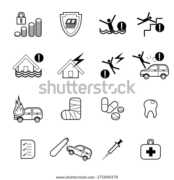 Vector insurance icons set home family\
deposit auto life policy travel business\
risk