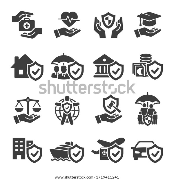 Vector\
Insurance Icons Set. Related of Life, Home, Medical,\
Transportation, Financial, Business,\
Travel