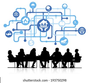 Vector of insurance themed background with silhouettes of business people sitting around the conference table.