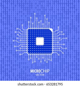 Vector Integrated Microchip concept. Microprocessor Icon or logo. CPU (Central Processing Unit) Microchip on Blue Binary Code Background.