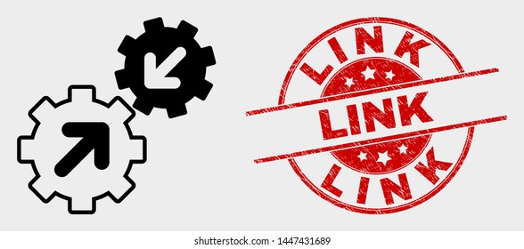 Vector integration gears icon and Link seal. Red rounded distress seal stamp with Link text. Vector combination for integration gears in flat style. Black isolated integration gears icon.