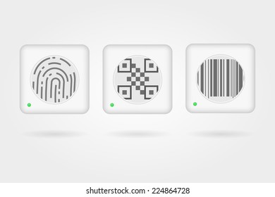 Vector interface elements for web payment. Set of square gray vector buttons with black elements for internet payment or retail on gray background.