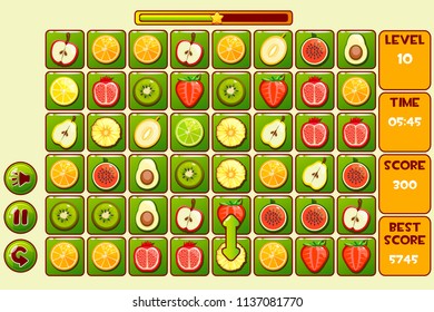 Vector interface FRUIT Match 3 Games. Different fruits, game assets icons and buttons