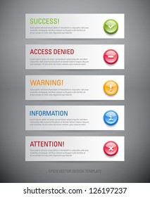 Vector interface message boxes templates collection with plastic glossy icons - success, access denied, warning, information, attention