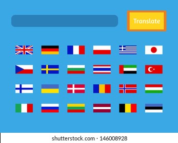 Vector interface of mobile translator application. Set of flags, United Kingdom, Germany, France, Poland, Greece, Japan, Czech Republic, Sweden, Bulgaria, Thailand, United Arab Emirates and others