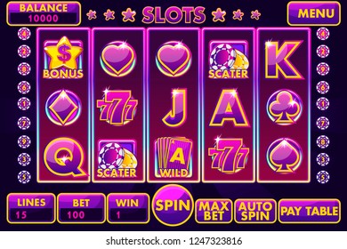 Vector Interface slot machine in purple colored. Complete menu of graphical user interface and full set of buttons for classic casino games creation. Casual Game.