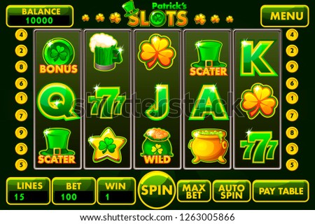 Vector Interface slot machine style St.Patrick's in green colored. Complete menu of graphical user interface and full set of buttons and icons for classic casino games creation. Casual Game.