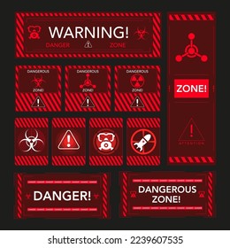 Vector interface windows hazard sign, high voltage and nuclear radiation caution. Red warning windows about radiation hazard.