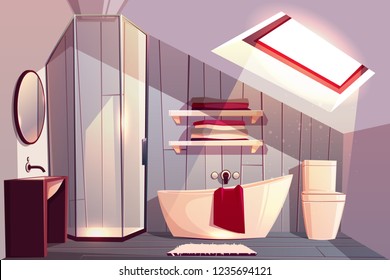 Vector interior of bathroom in attic. Modern restroom with glass shower cabin and shelves for towels. Sunlight shines from window to bathtub. Comfortable garret with faucet, rug and other furniture.