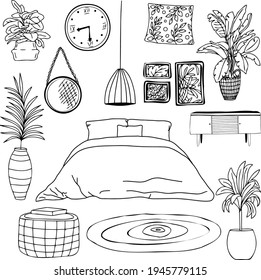 Vector interior of a bedroom. Boho style. Bed with plants. Doodle