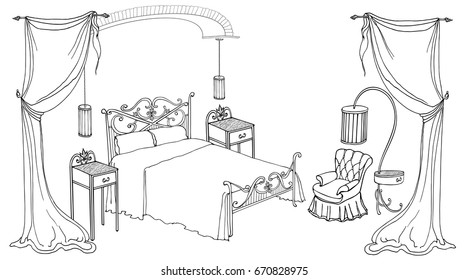 Vector interior for a bedroom with wrought-iron furniture, a bed, bedside tables, curtains and an armchair, with model lamps, with a brick arch over the bed, Black lines white background            