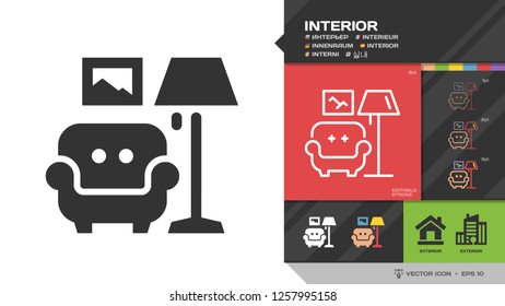 Vector interior black glyph silhouette and editable stroke thin outline single icon with room furniture: chair, floor lamp and painting symbol.