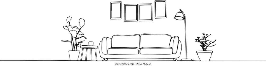vector interior black lines sketch sofa with paintings