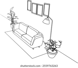 vector interior black lines sketch sofa with paintings