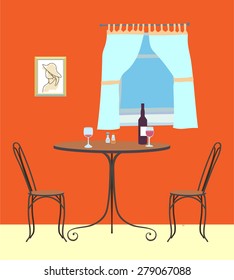 Vector Interior cafe. Intimate atmosphere. Dinner for two with wine. Round table and chairs. Editable Illustration