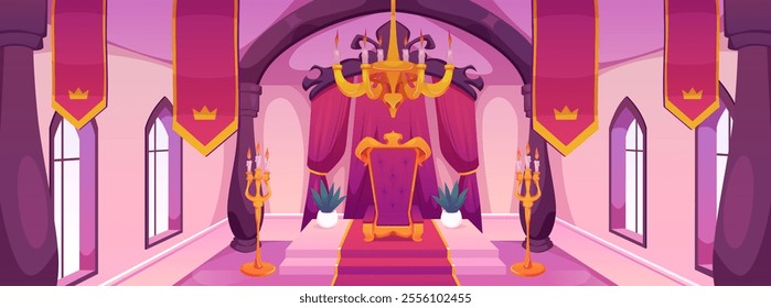 Vector interior of the castle with a throne, tapestries and candlesticks. A medieval royal room with ancient architecture. The luxurious atmosphere of the ballroom.