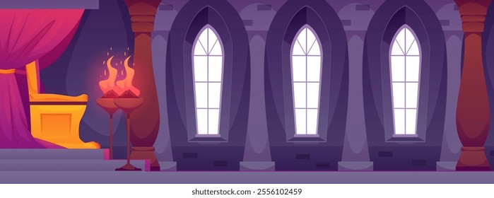 Vector interior of the castle with a throne, torches and curtains. A medieval room with ancient architecture. The gloomy atmosphere of a luxurious ballroom.