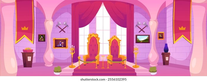 Vector interior of the castle with two thrones on a pedestal, tapestries and candlesticks with burning candles. A royal room with medieval architecture for game design