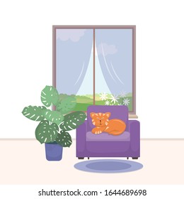 Vector interior cat on the armchair, window and monstera