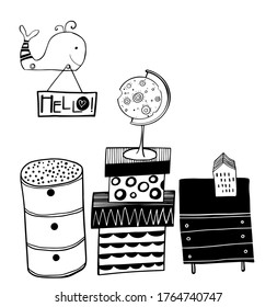 vector interior of children room with chest of drawers, poster, bedside table and moon globe on the boxes