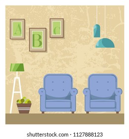 Vector interior, with colorful flowers, on an orange background. Made in a minimalist style.