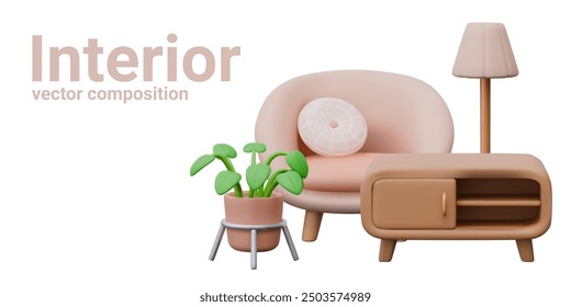 Vector interior composition in realistic style. Armchair with pillow, floor lamp