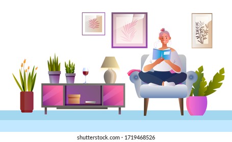 Vector interior concept with young female sitting in an armchair reading a book. Stay home banner with young attractive woman resting in her comfortable living room during quarantine.