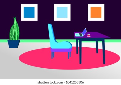 Vector interior with cosy working place,
laptop and coffee at the table, red carpet and green plant in the corner, paintings on the wall