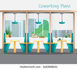 Vector Interior of coworking space with workplaces in cartoon flat style. Concept of creative workroom with city view. Modern coworker center in university campus with furniture, decor and computer