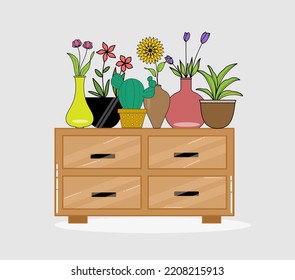 Vector Interior Cupboard with Floral Plants 