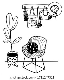 diseño interior vectorial: sillón con almohada, planta de casa grande en la olla y percha con bichos en la pared