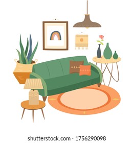 Diseño interior vectorial. Salón de estilo bohemio, Sofá, mesa baja, moqueta, plantas interiores. Diseño interior. Estilo de la caricatura