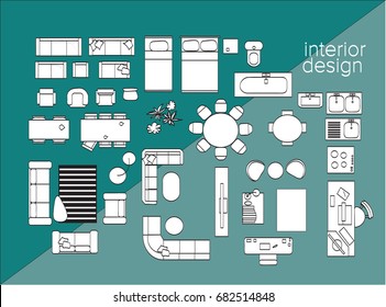 vector interior design elements. floor plan furniture. house top view. living room, bedroom, bathroom, kitchen. 