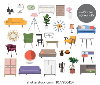 Vector Interior Design Elements. Furniture Mid Century Modern. Living Room Element Collection Set.