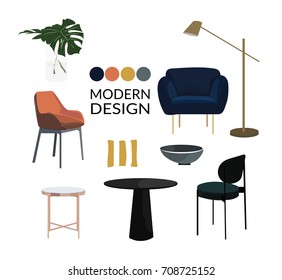 vector interior design elements. living room dining table furniture. designer trendy style. 