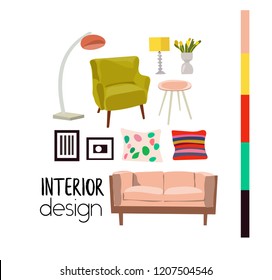 vector interior design elements. modern furniture living room. sofa, armchair. mood board. mid century modern style furniture. mood board. 