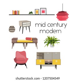 vector interior design elements. modern furniture living room. sofa, armchair, tripod, knitted pouffe. mood board. mid century modern style furniture. 