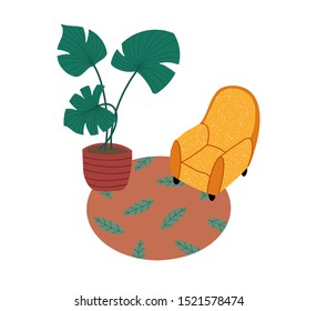 vector interior design elements. modern furniture living room. armchair, flower pot, carpet. scandiavian hygge cozy style