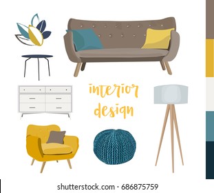 Vector Interior Design Elements. Modern Furniture Living Room. Sofa, Armchair, Tripod, Knitted Pouffe. Mood Board. 